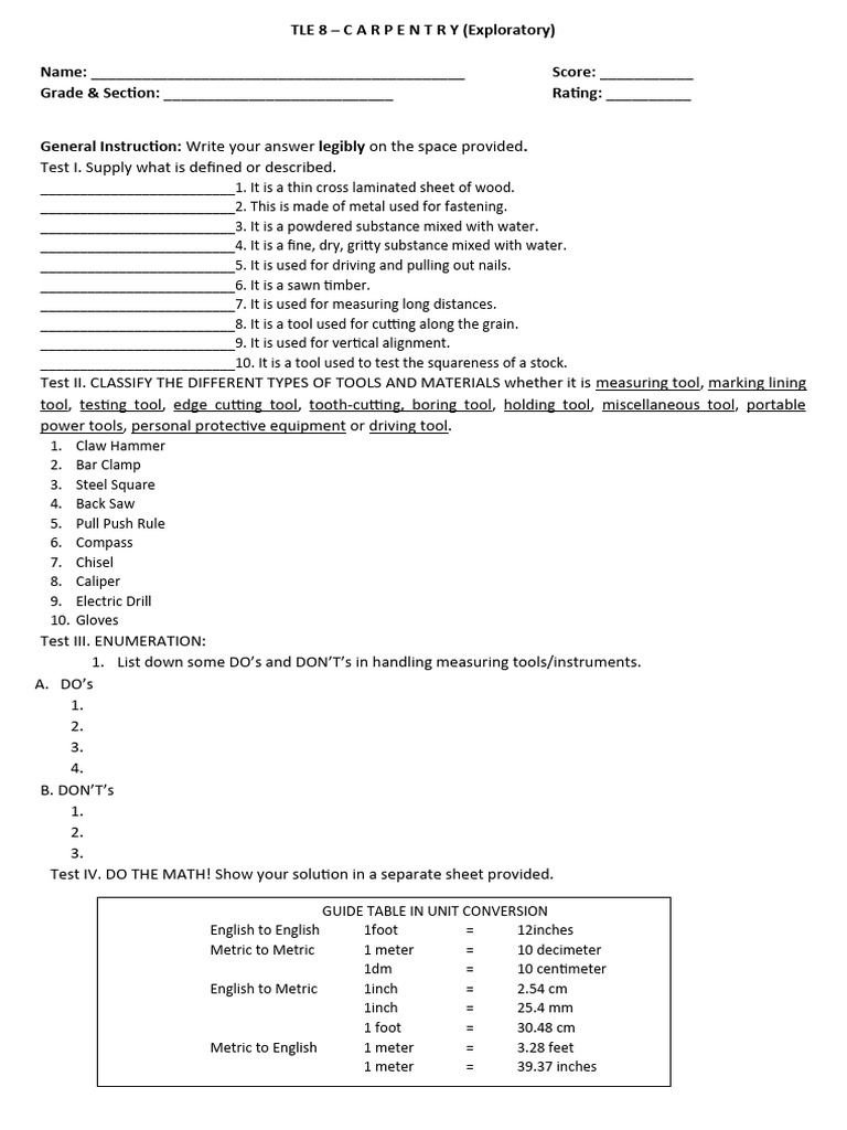 Carpentry Skills Assessment Test | PDF | Teaching Methods & Materials