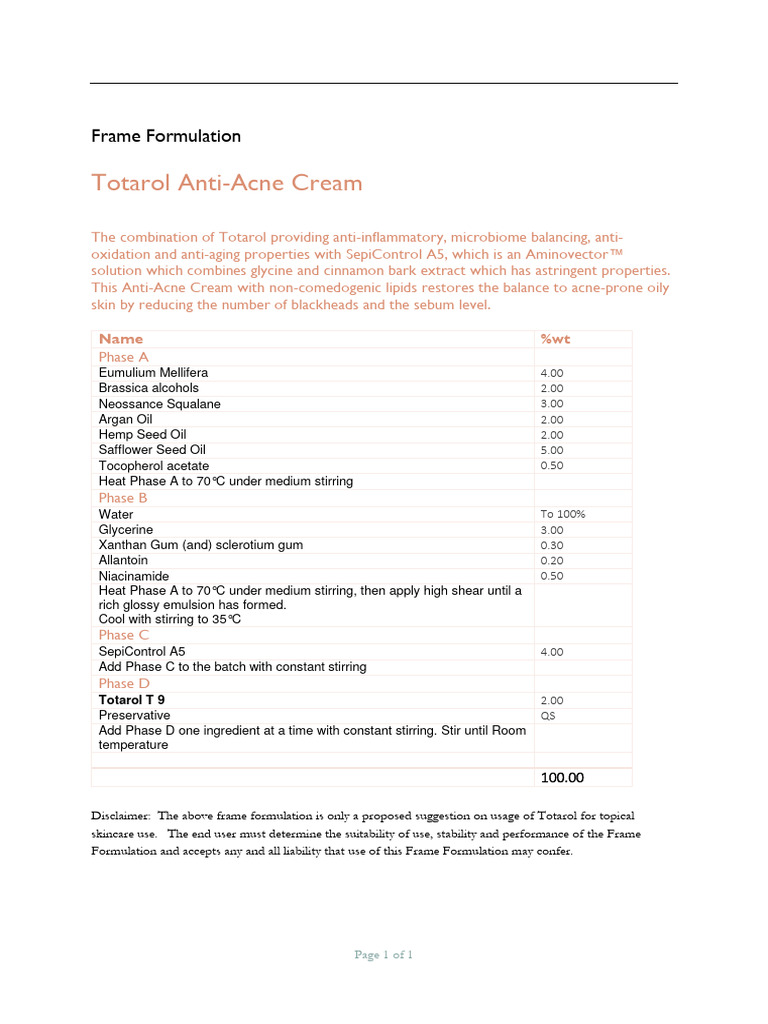 Totarol Anti Acne Cream Frame Formulation | PDF