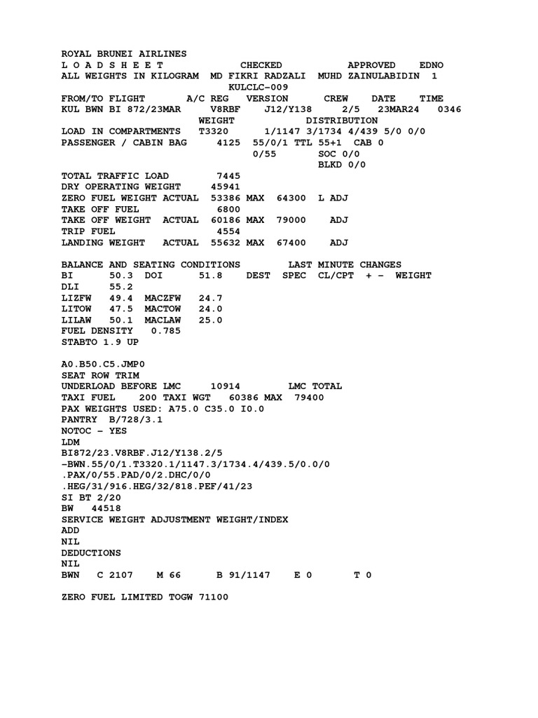 BI872 Load Sheet Summary | PDF | Technology & Engineering
