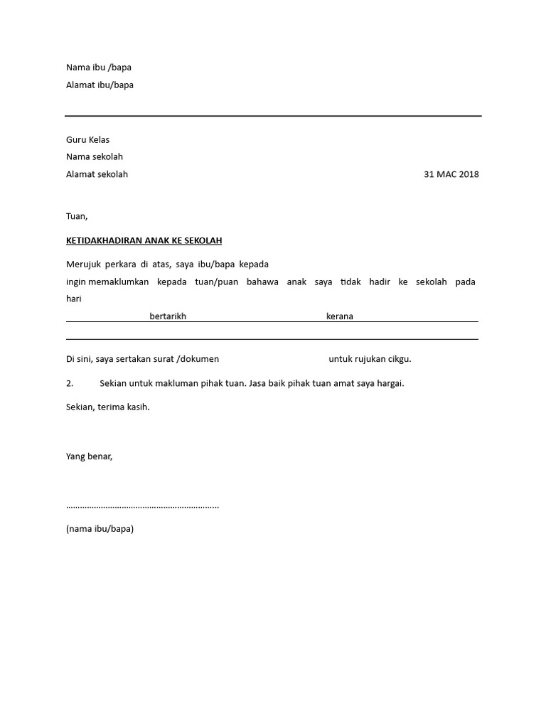 Template Kosong Surat Tidak Hadir Sekolah Pdf