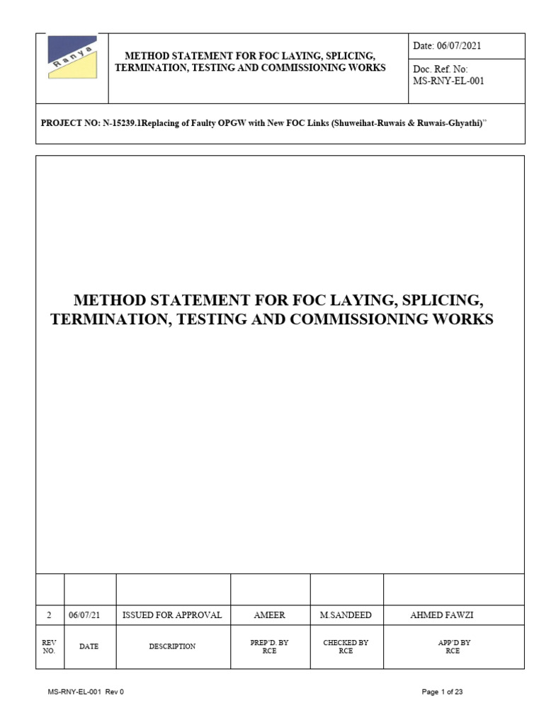 FOC Laying and Testing Method Statement | PDF | Safety | Duct (Flow)