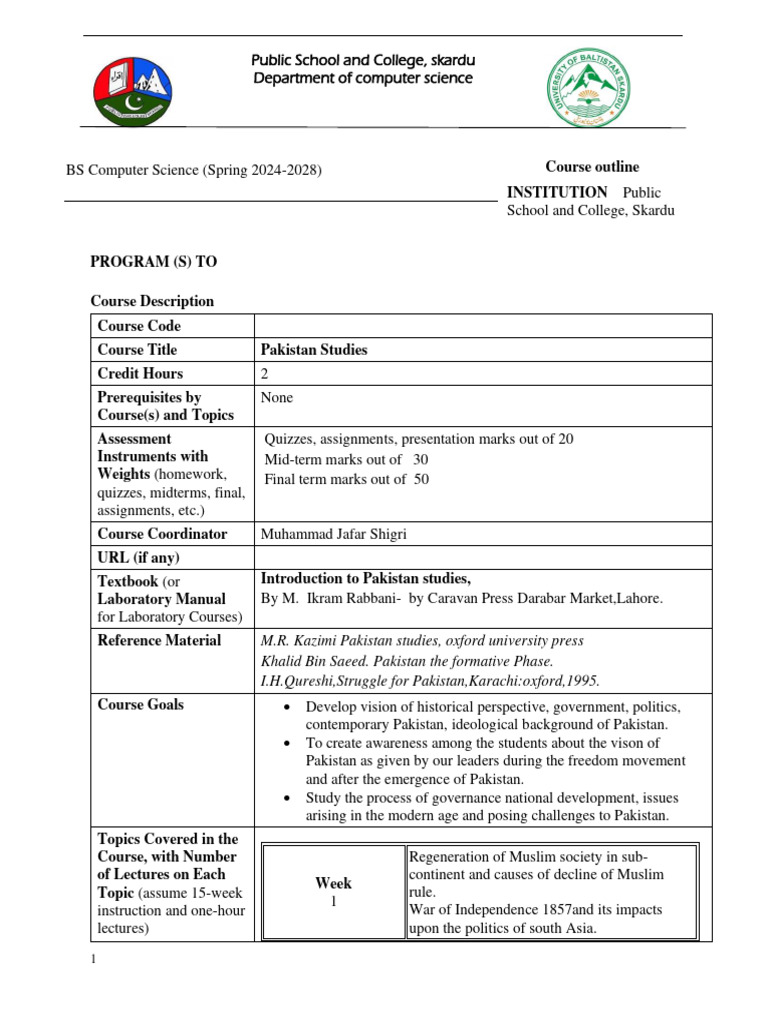 Pakistan Studies Course Outline | PDF | All India Muslim League | Pakistan