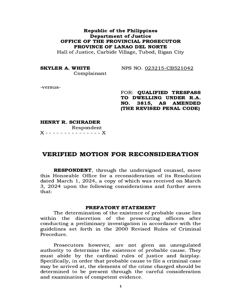 Motion for Reconsideration: Trespassing Case | PDF | Affidavit | Prosecutor