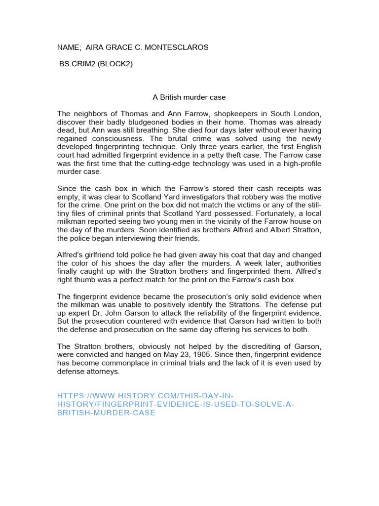 First Use of Fingerprint Evidence in Murder | PDF