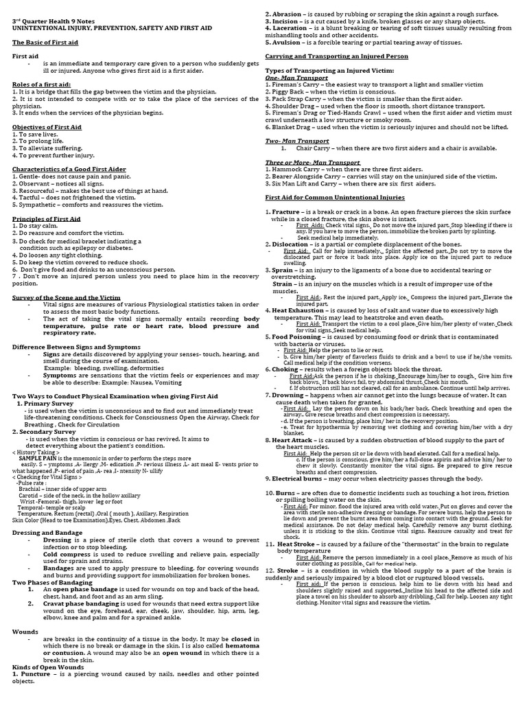 3rd Grading Health Notes First Aid and Unintentional Injury | PDF ...