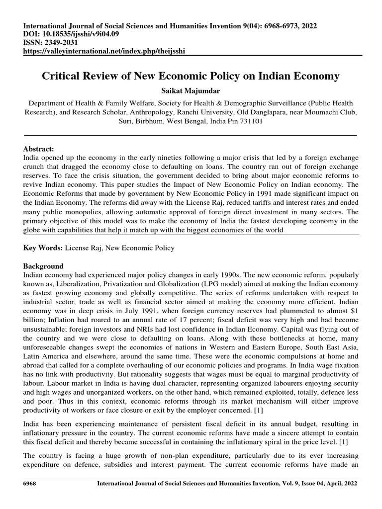 Critical Review of India's 1991 Economic Policy | PDF | Economy Of ...