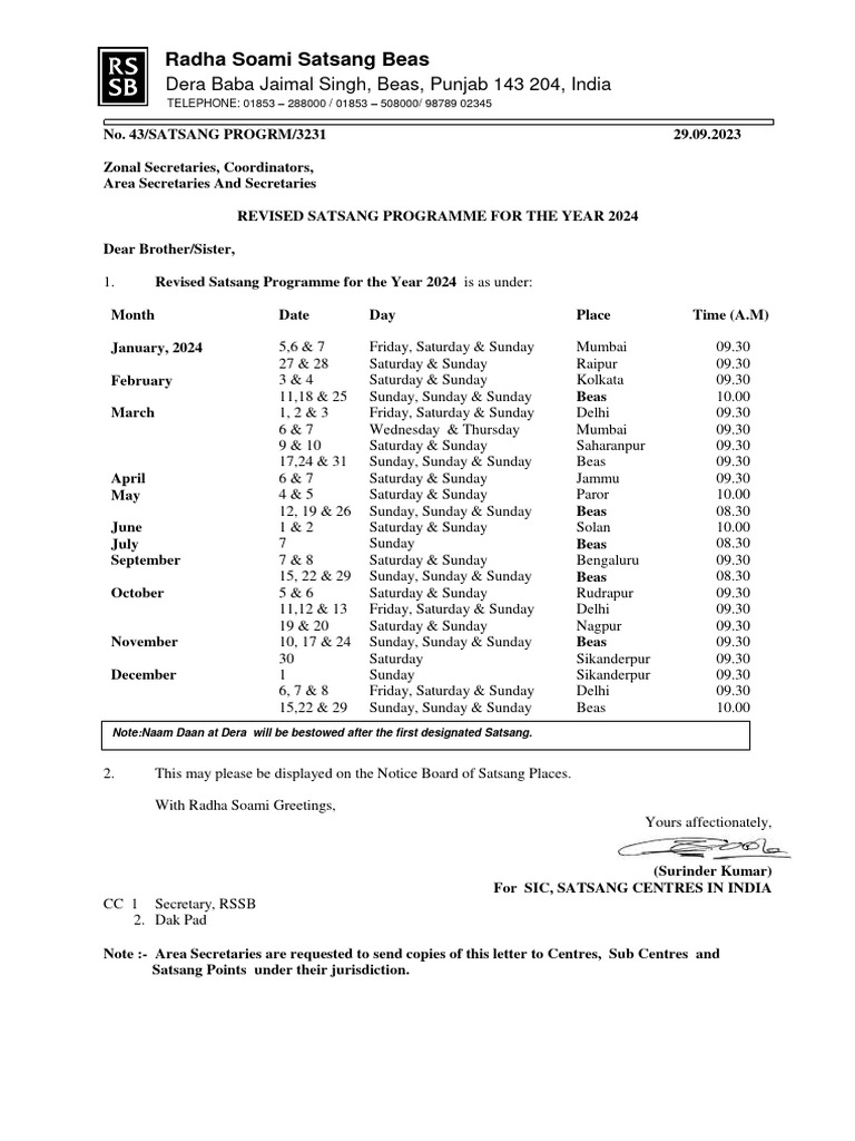 RSSB Satsang Schedule 2024 | PDF | Shabda | Bhakti Movement