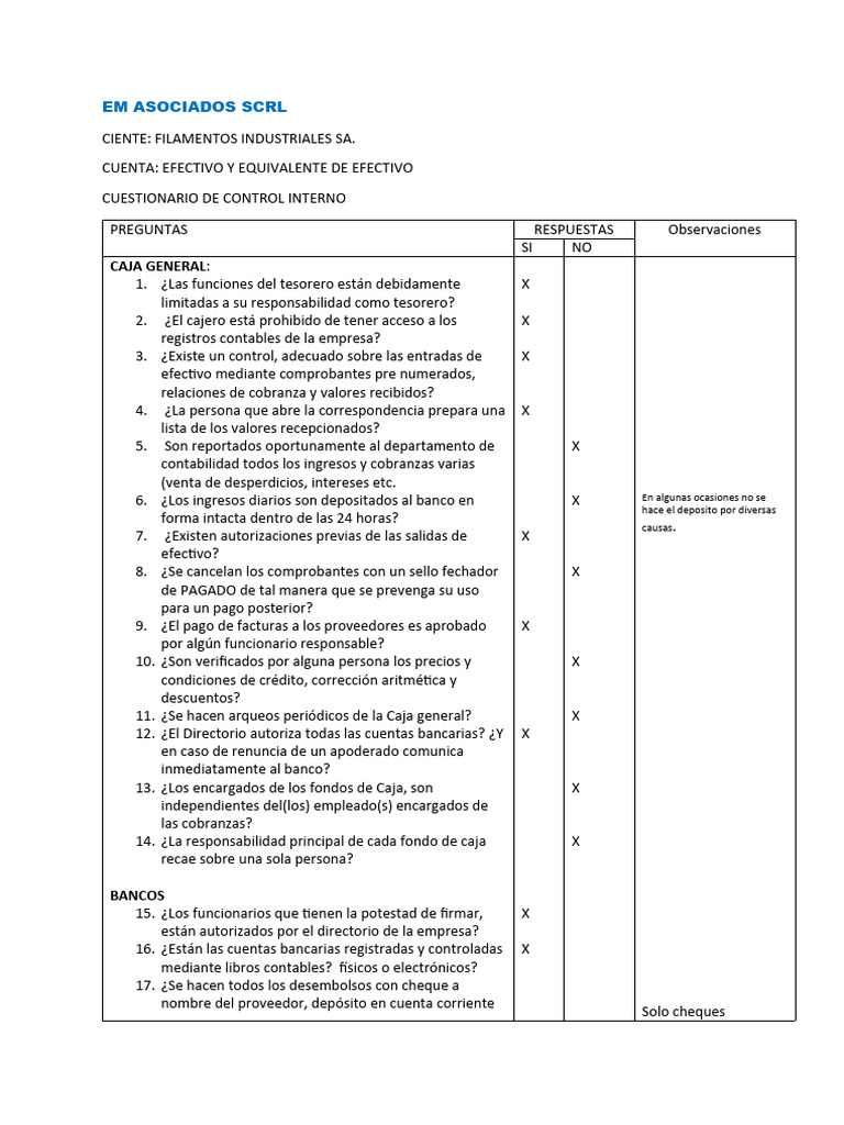 Cuestionario de Control Interno Efectivo | PDF | Cheque | Bancos