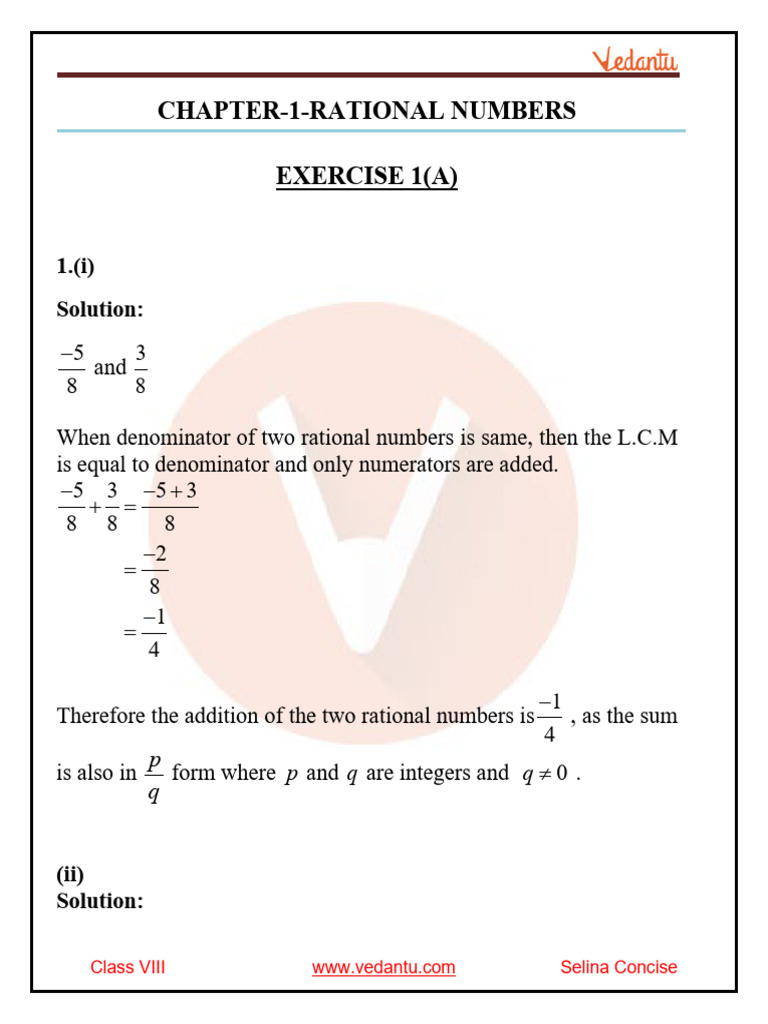Class 8 ICSE Rational Numbers Solutions | PDF | Multiplication | Numbers
