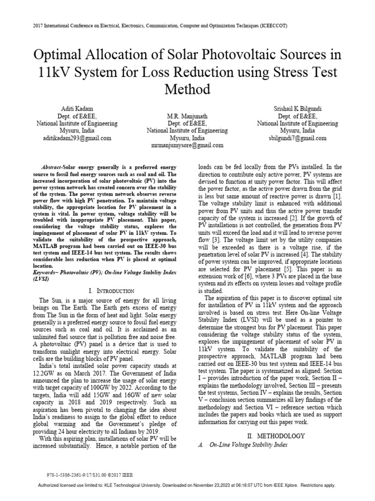 Optimal Allocation of Solar Photovoltaic Sources in 11kV System For ...
