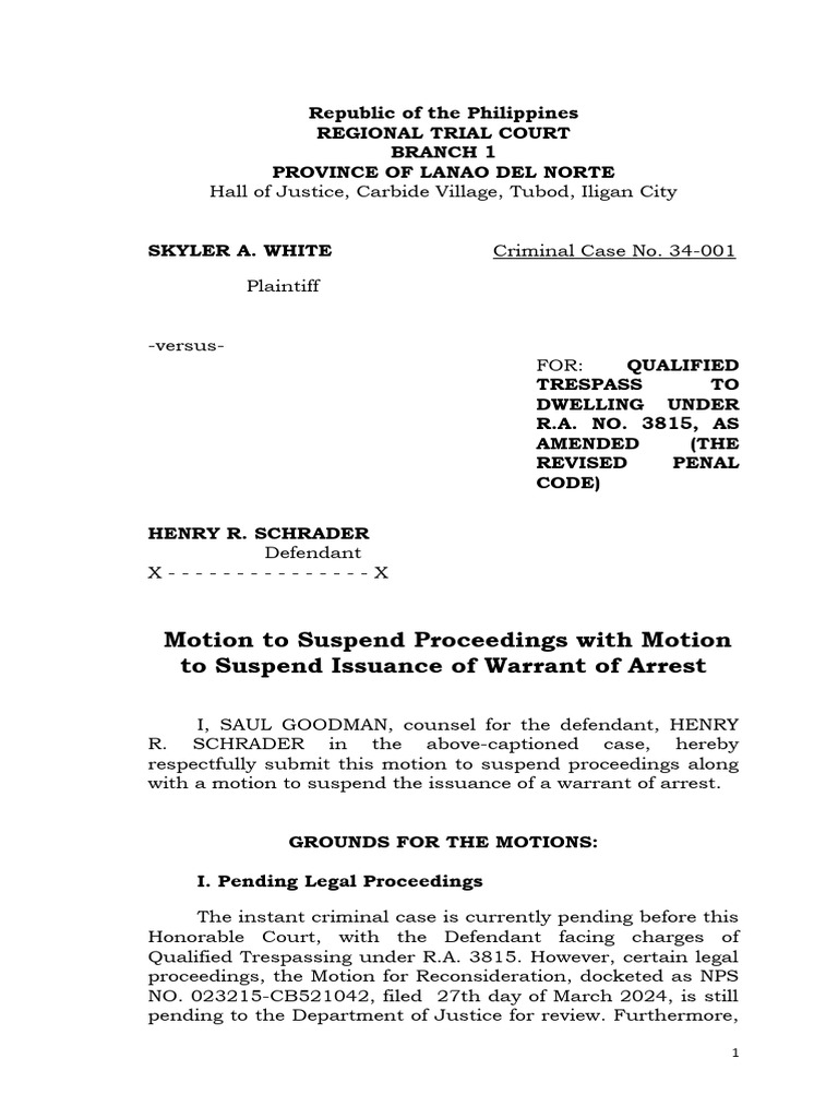 Motion to Suspend Court Proceedings | PDF | Arrest Warrant | Arrest