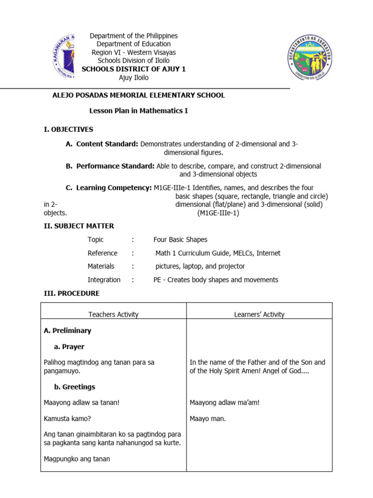 Lesson Plan in Math 1 | PDF