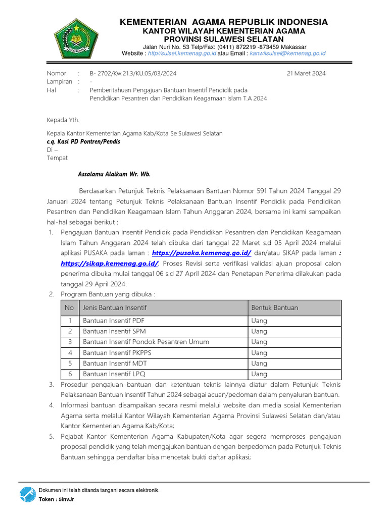 Surat Pemberitahuan Insentif 2024 TTE New | PDF
