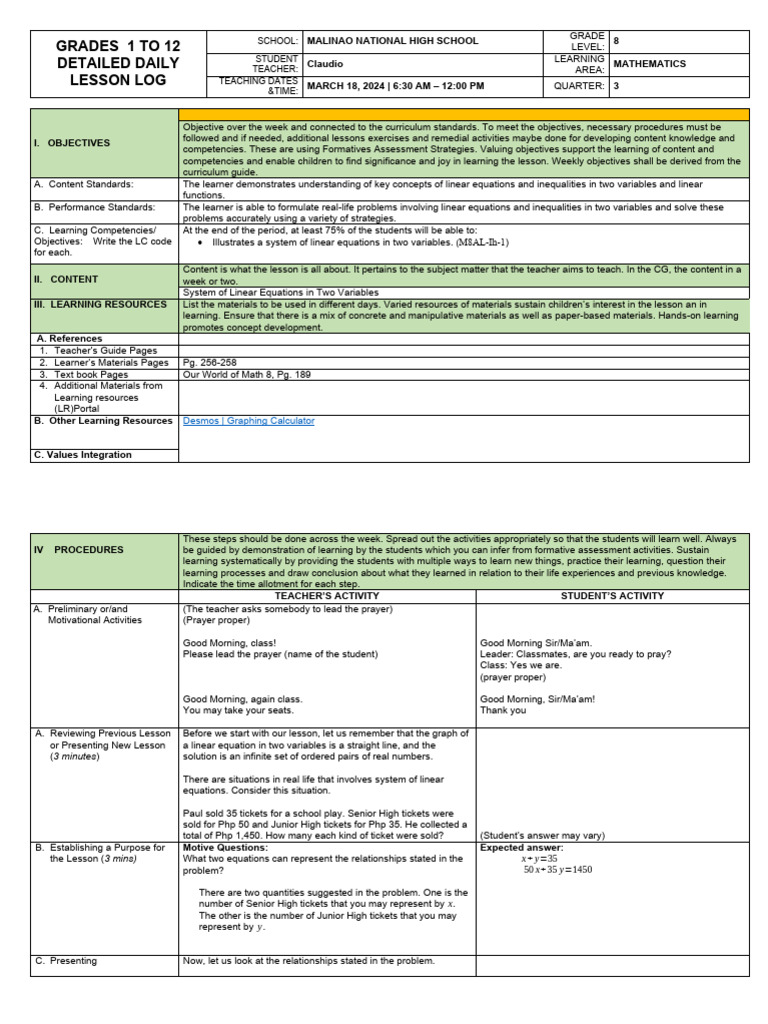 Grade 8 Math Lesson Plan: Linear Equations | PDF | Equations | Variable ...