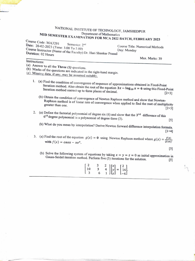 MCA Numerical Methods Exam Papers | PDF | Equations | Applied Mathematics