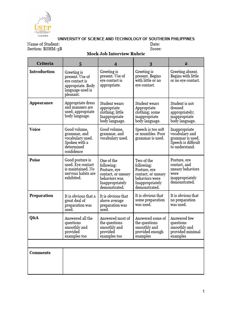 Mock Job Interview Evaluation Rubric | PDF | Body Language | Linguistics
