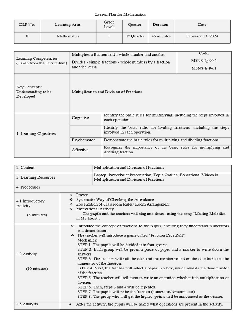 Final Sa Tanang Final Tmath Lesson Plan 1 | PDF | Division (Mathematics ...