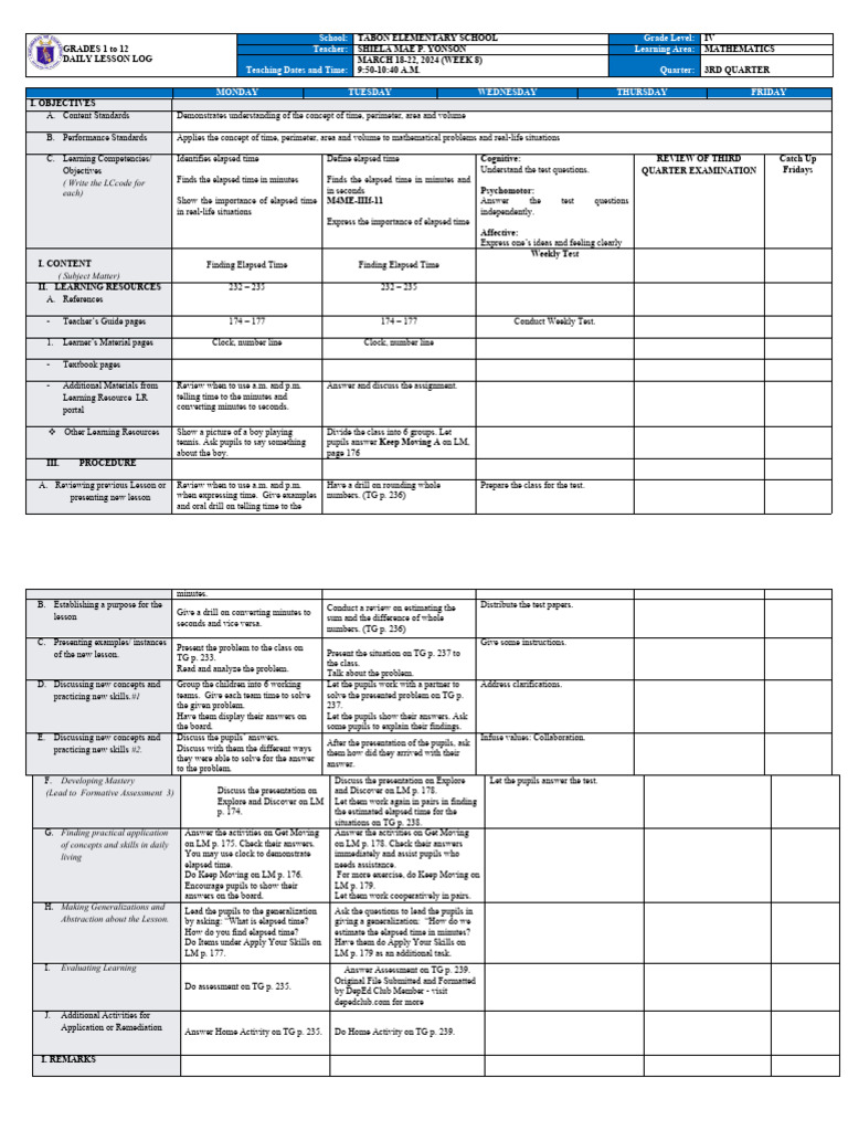Grade 4 Math Daily Lesson Plan | PDF