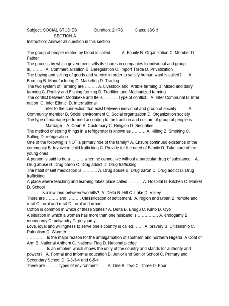 Subject SOCIAL STUDIES Duration 2HRS Class JSS 3 Download