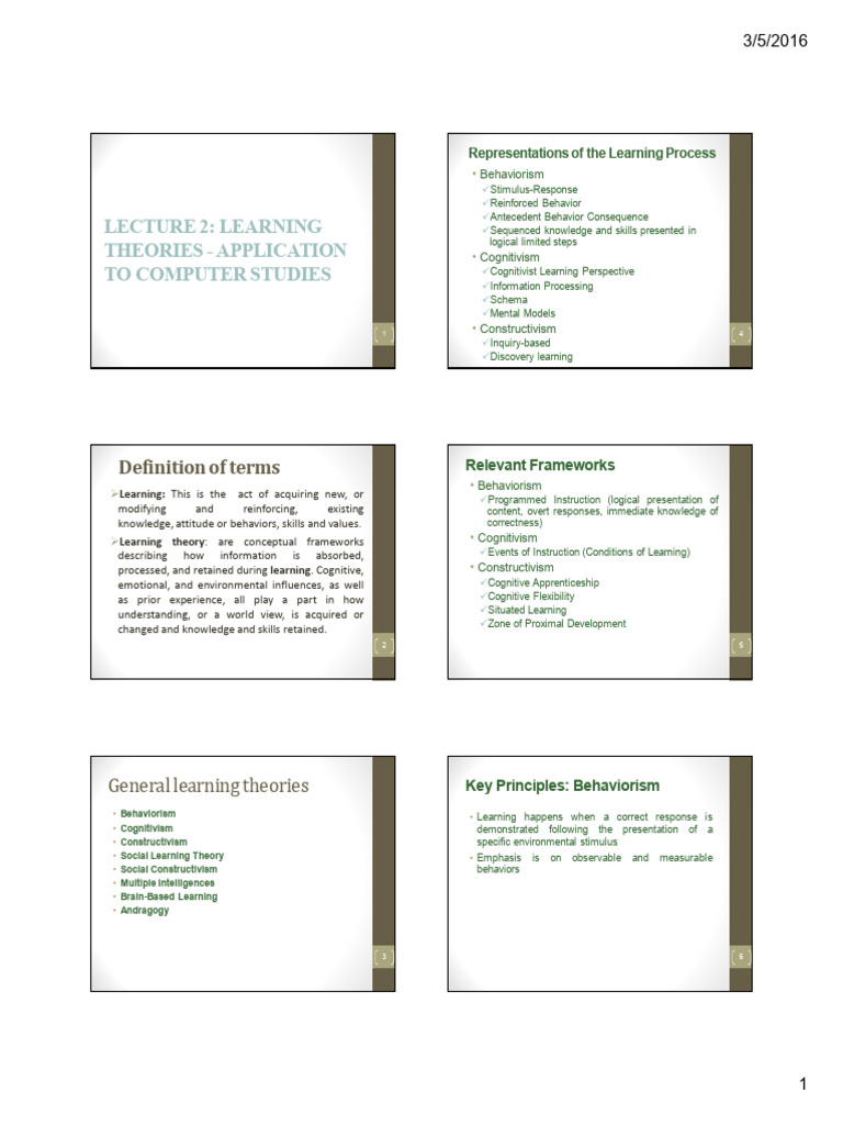 Lecture 2 Application Of Learning Theories To Computer Studies Pdf