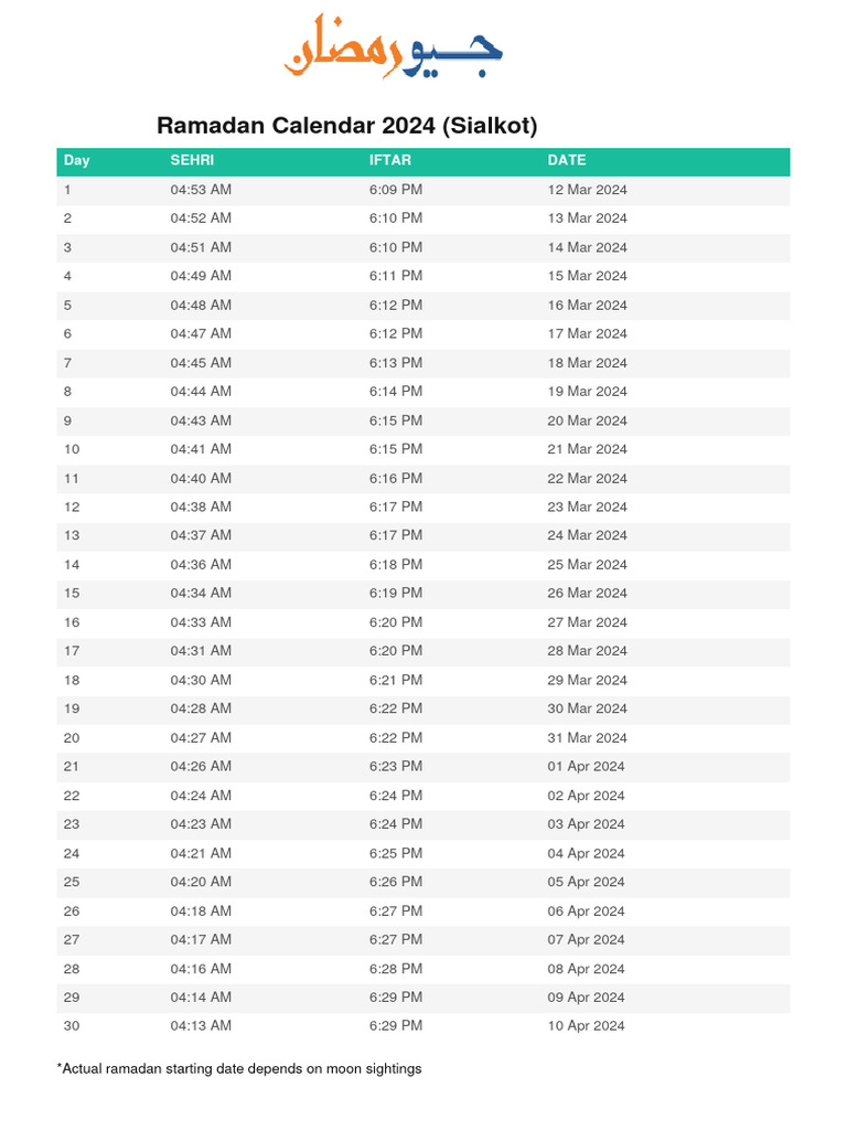 ramadan calendar sialkot