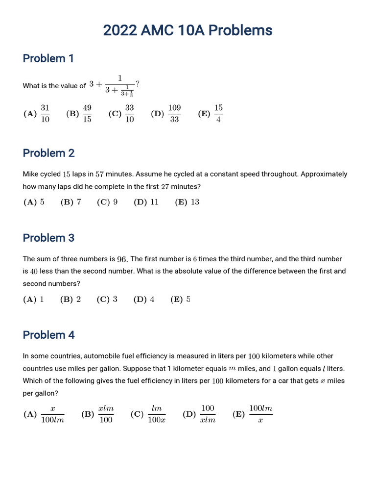 2022 AMC 10A/B Problem Set Summary | PDF | Area | Polynomial