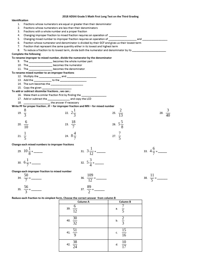 2018 ADSAI Grade 5 Math First Long Test On The Third Grading | PDF