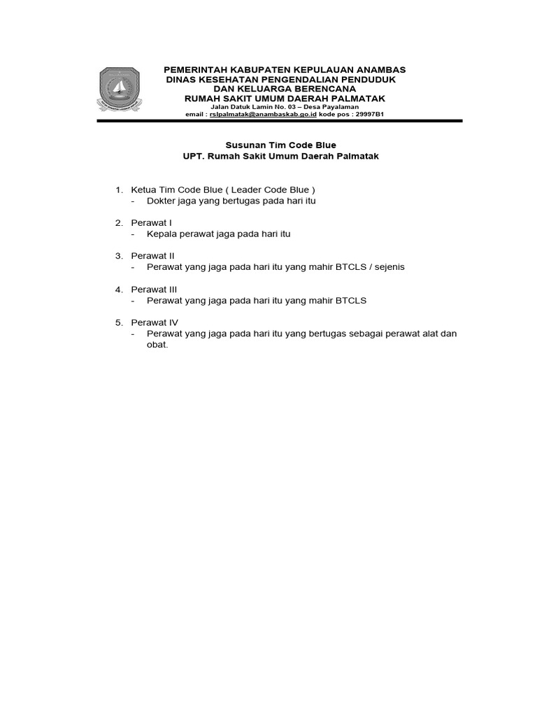 Susunan Tim Code Blue RSUD Palmatak | PDF | Kesehatan Holistik