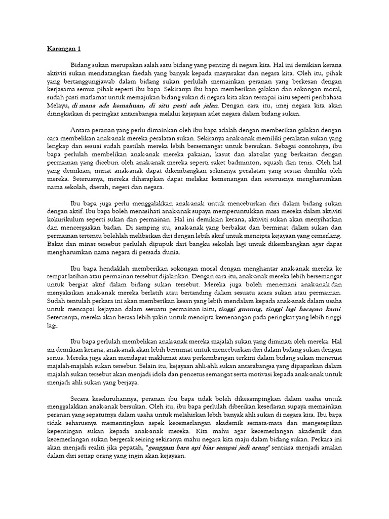 CTH Karangan (Peranan Ibu Bapa Utk Memupuk Minat Bersukan) | PDF