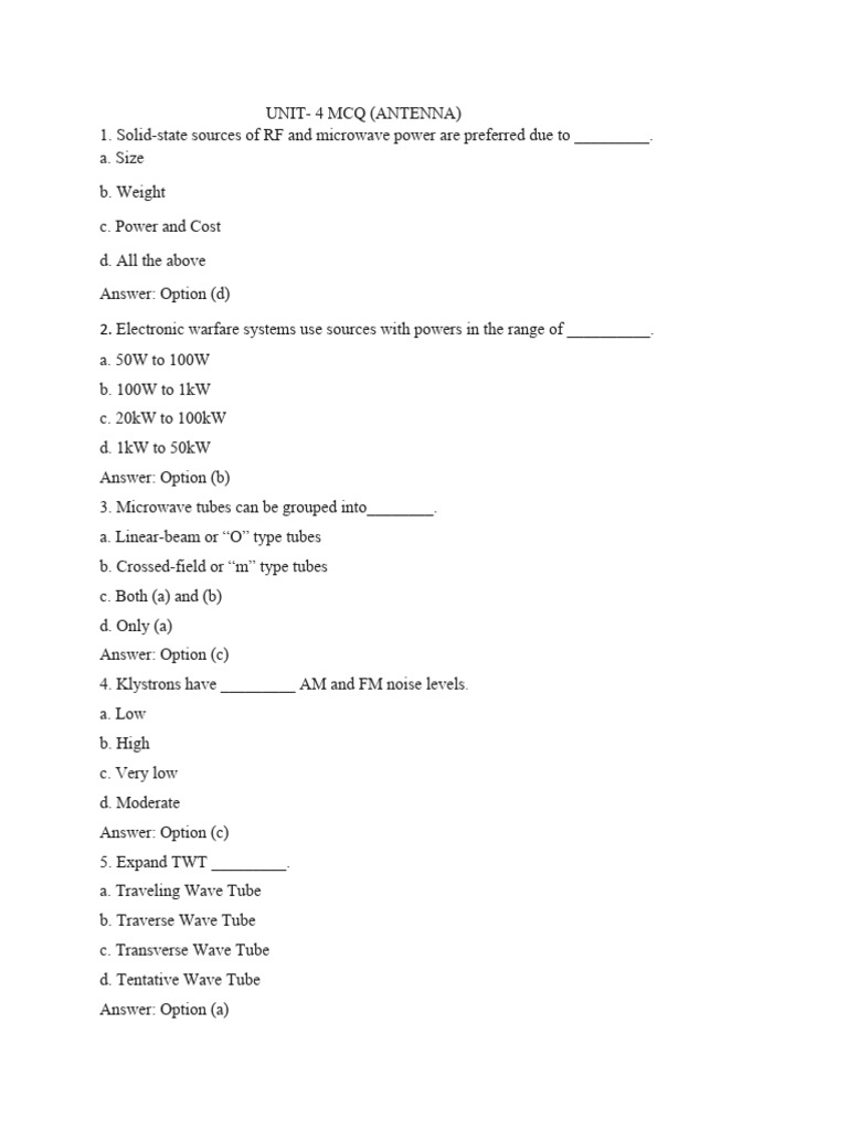 Antenna Unit 4 MCQ PDF Resonance Vacuum Tube