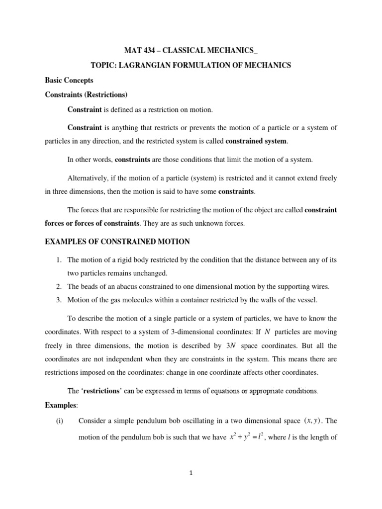 Mat434 2024 Lecture I Lagrangian Formulation Pdf Geometry