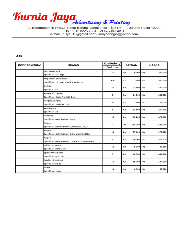 Daftar Harga Tinta Dan ATK | PDF