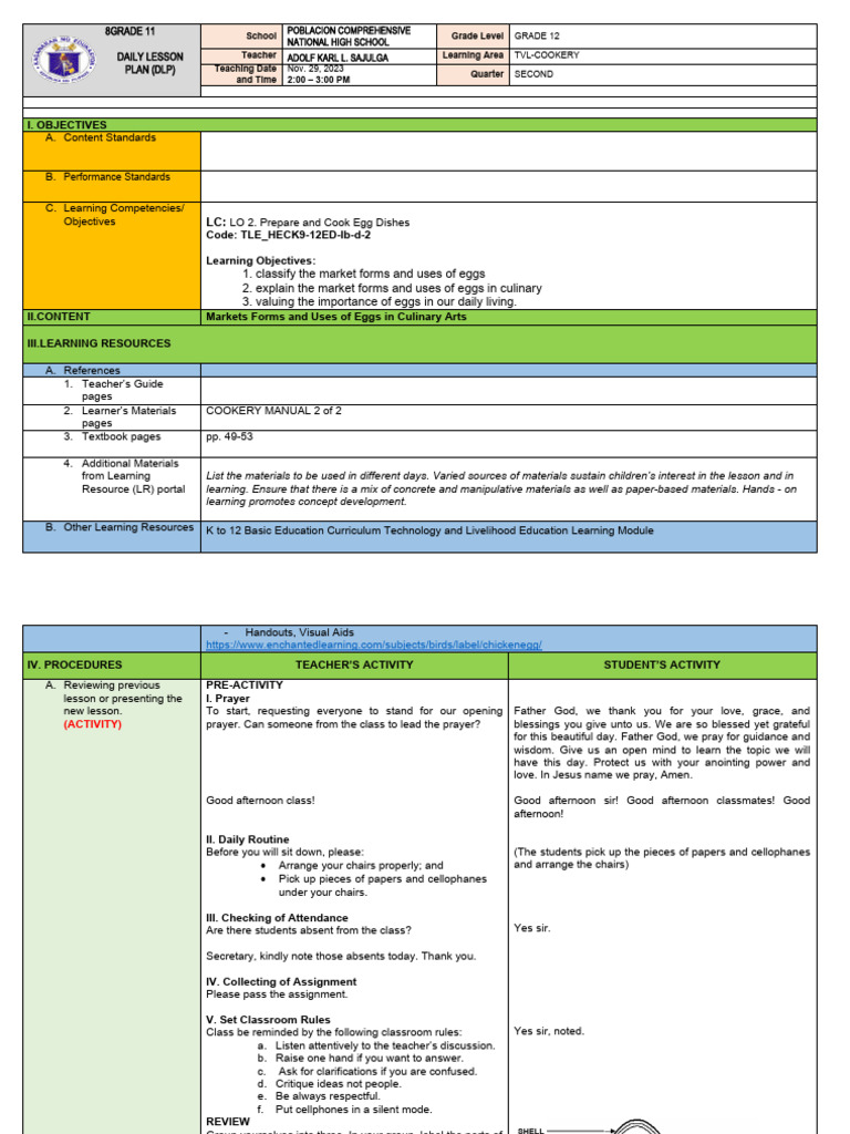 Grade 12 Cookery Lesson Plan: Eggs | PDF | Meringue | Cooking
