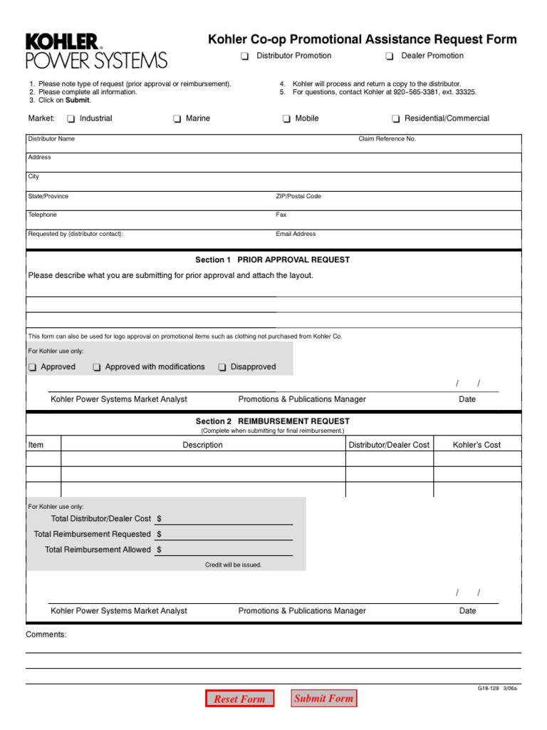 Kohler Co-Op Promotional Assistance Request Form | PDF