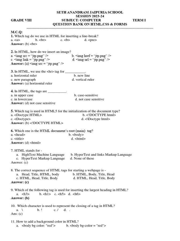 Grade 8 HTML Question Bank | PDF | Html Element | Html