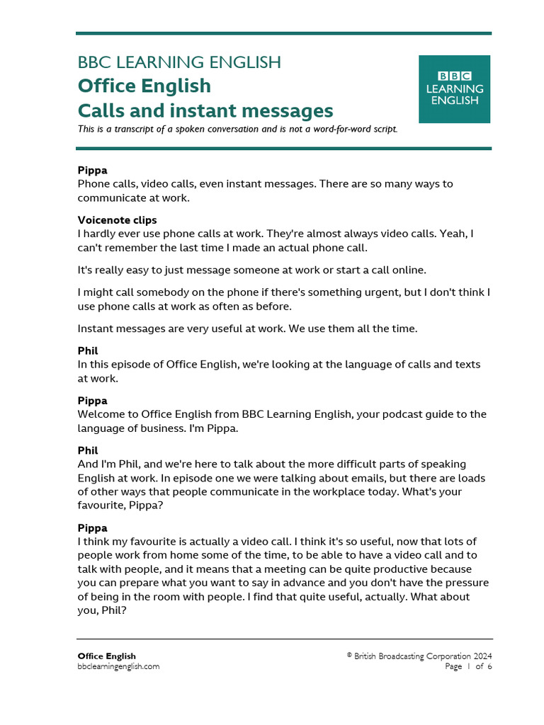 OfficeEnglish CallsMessages | PDF