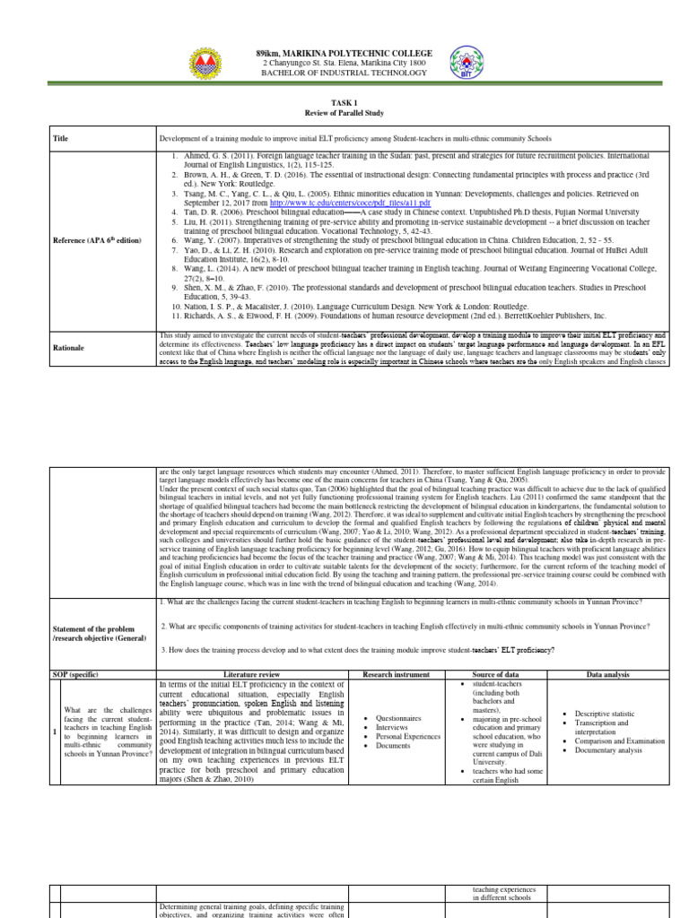 Task1 Parallel Study | PDF | Teachers | English As A Second Or Foreign ...