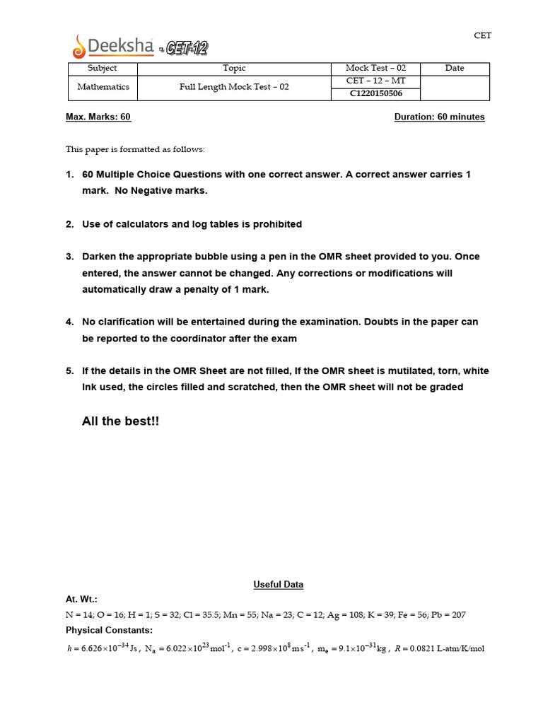 02-CET Full Length Mathematics Test-02 - Questions | PDF | Mathematics