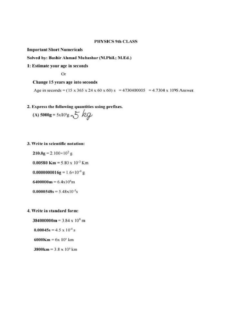  physics 9th class most important short numerical problems pdf