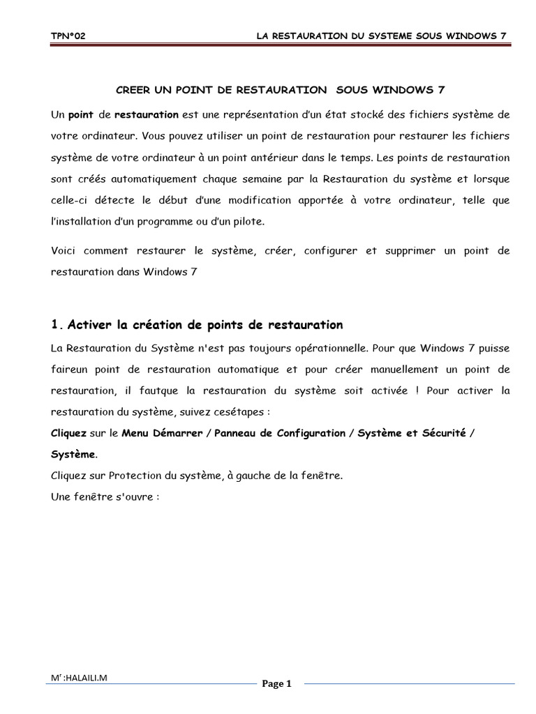 2creer un point de restauration sous windows 7 pdf