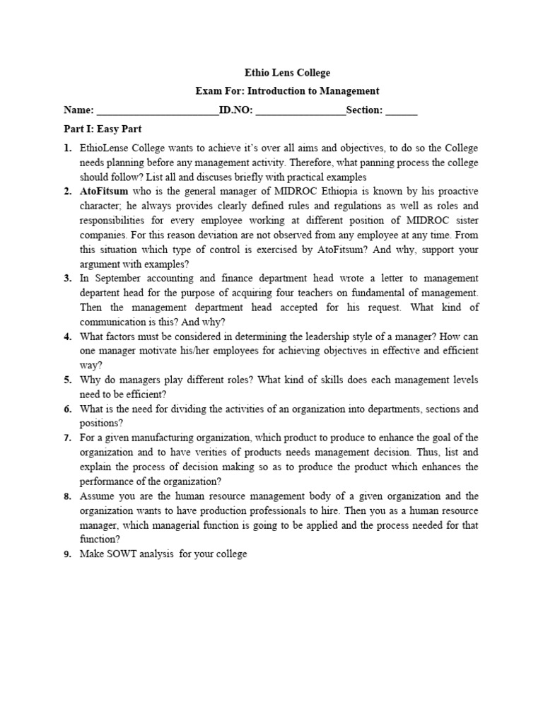 Management Exam Questions for Ethio Lens College | PDF | Business