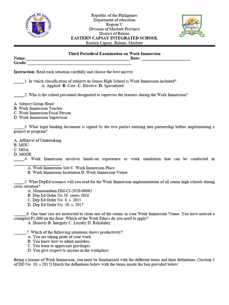 3rd Quarter Work Immersion Exam | PDF | Learning | Experience