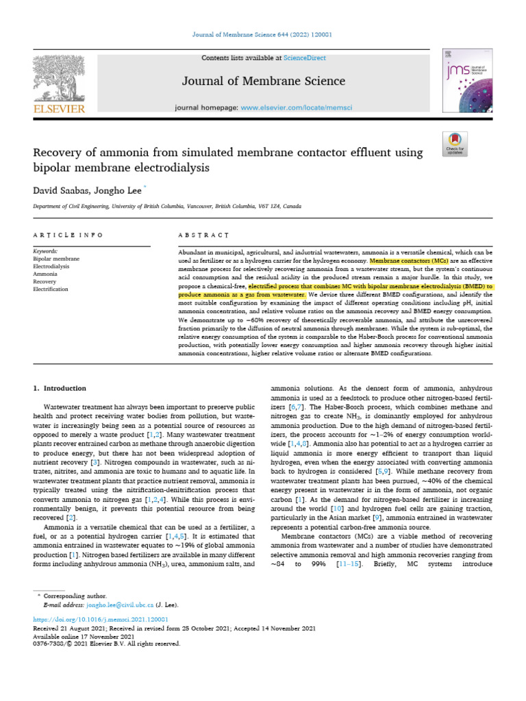 BMED for Ammonia Recovery from Wastewater | PDF | Ammonium | Acid
