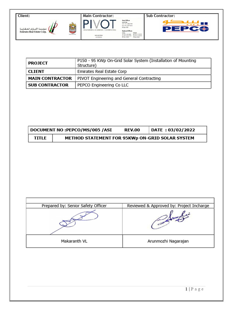 Method Statement for 95KW Solar Installation | PDF | Solar Panel | Roof