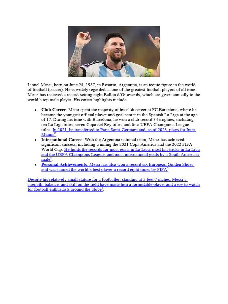 Lionel Messi: Career Highlights and Achievements | PDF | Sports ...