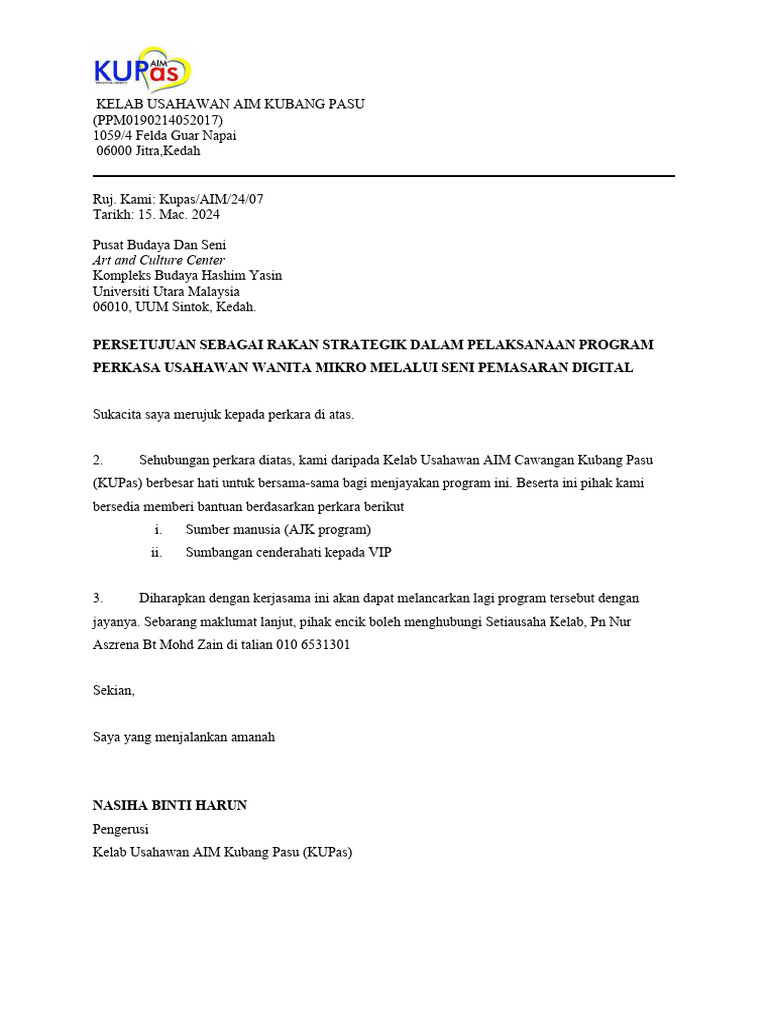 Surat Maklumbalas Program UUM | PDF