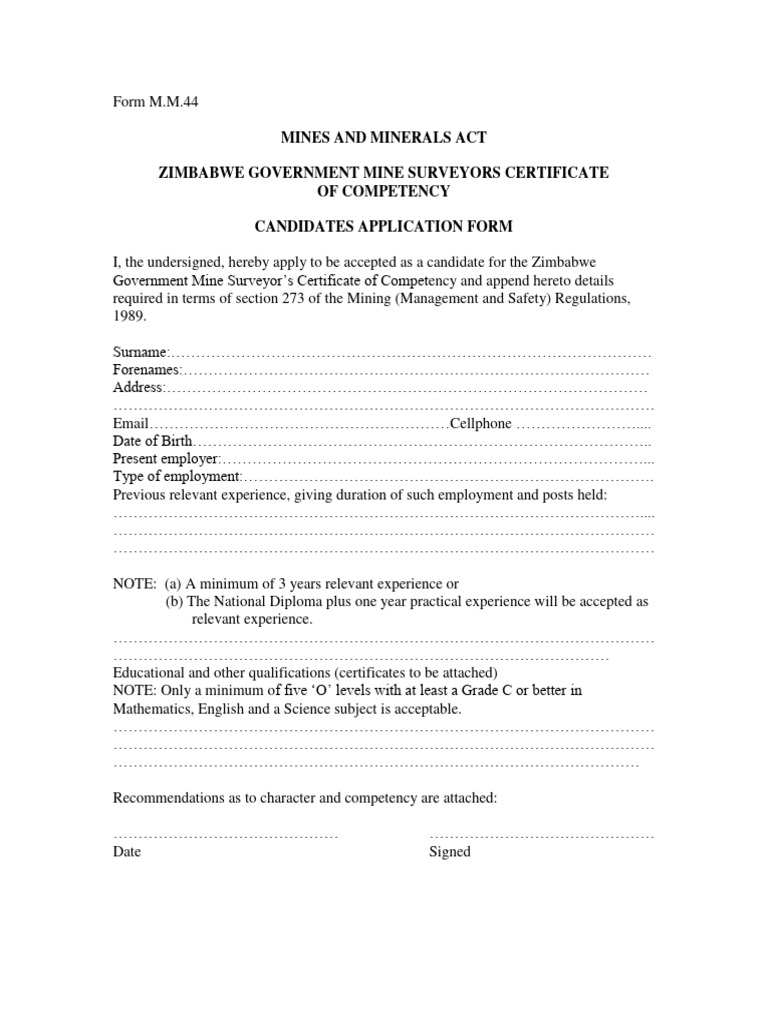 Zimbabwe Mine Surveyors Competency Form | PDF