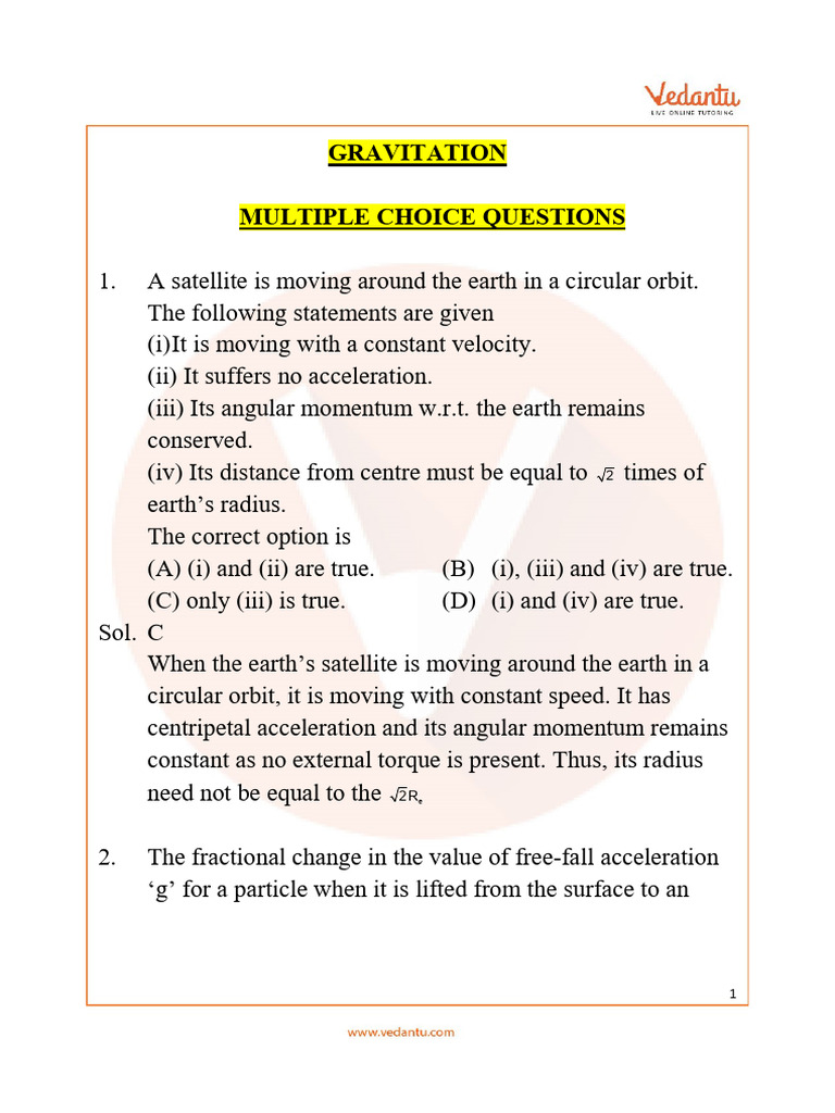 JEE Mains Gravitation MCQs | PDF | Acceleration | Orbit