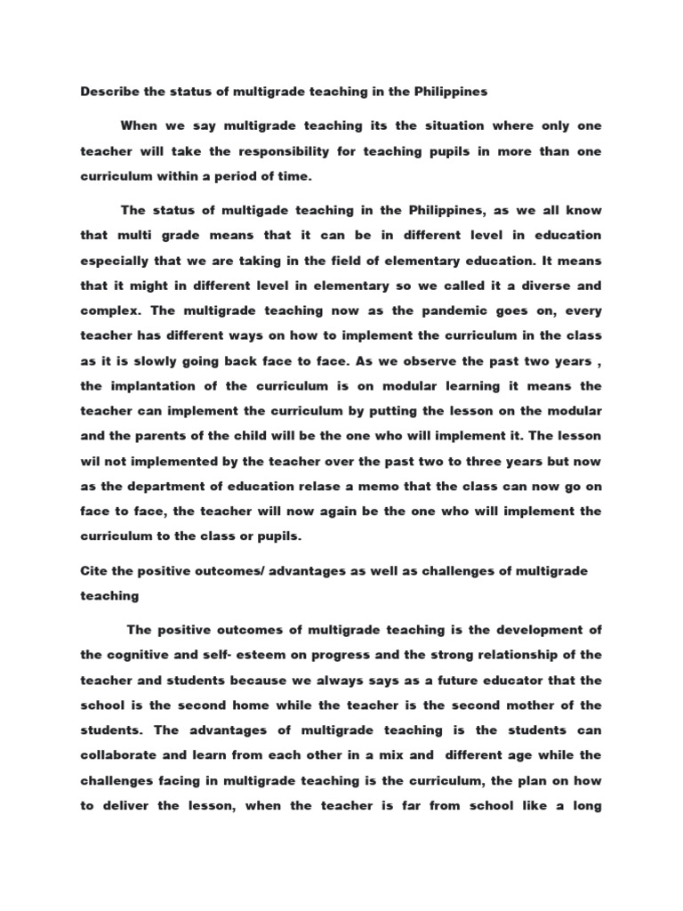 Describe the status of multigrade teaching in the philippines pdf