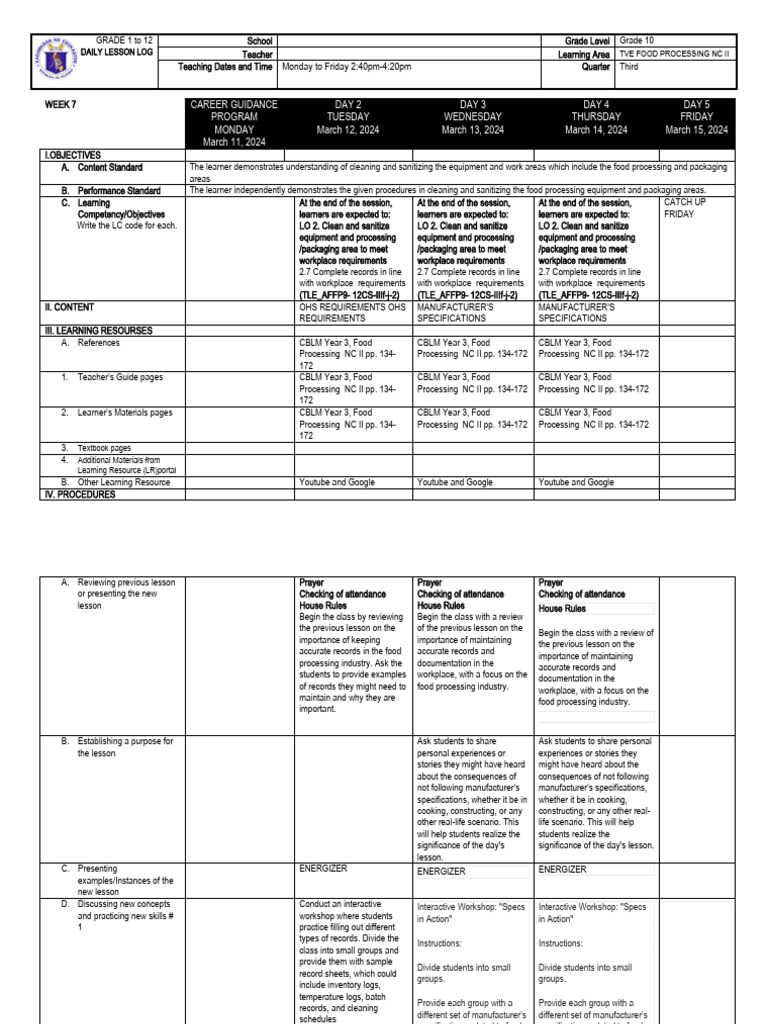 Food Processing DLL WEEK 7 PDF